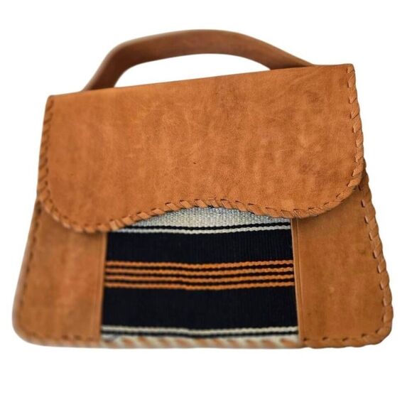 Sarep + Rose Womens Genuine Leather Handwoven Fabric Top Handle Handbag Brown - Picture 1 of 10